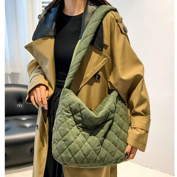 Luxe Quilted Corduroy Puffer Messenger Shoulder Crossbody Travel Bag - Picture 11 of 12